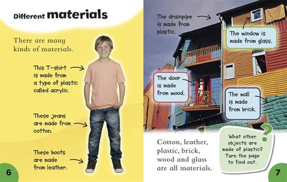 Educational page about different materials with a boy and examples of materials in a house.