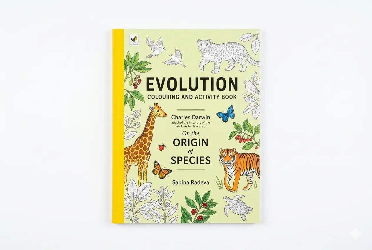 Coloring book titled 'Evolution' with illustrations of animals on a white background