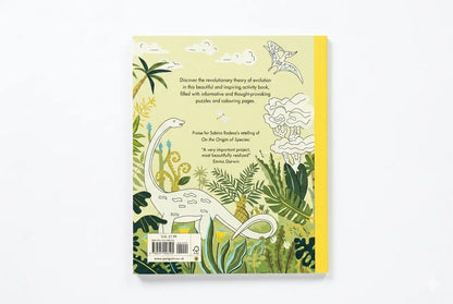 Book cover with dinosaur illustration and jungle-themed design on a yellow background