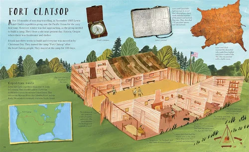 Illustration of Fort Clatsop with historical text and maps