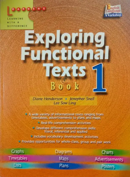 Book titled 'Exploring Functional Texts Book 1' with an orange cover and text about educational content.