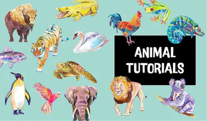 Illustrations of various animals with a teal background and 'Animal Tutorials' text.