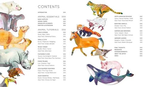 Table of contents with illustrations of various animals on a white background