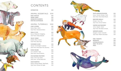 Table of contents with illustrations of various animals on a white background