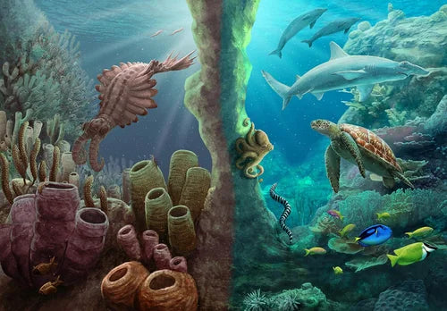 Underwater scene with various sea creatures and coral