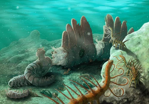 Underwater scene with marine life and coral formations.