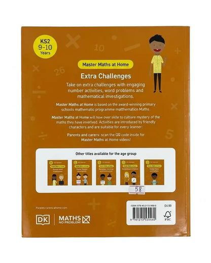 Front cover of the DK Maths No Problem Master Maths at Home Extra Challenges book, featuring a bright orange background with a cartoon child holding a whiteboard and educational text.