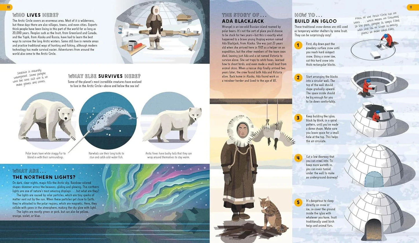 Educational book page about Arctic life with illustrations and text.