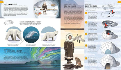 Educational book page about Arctic life with illustrations and text.