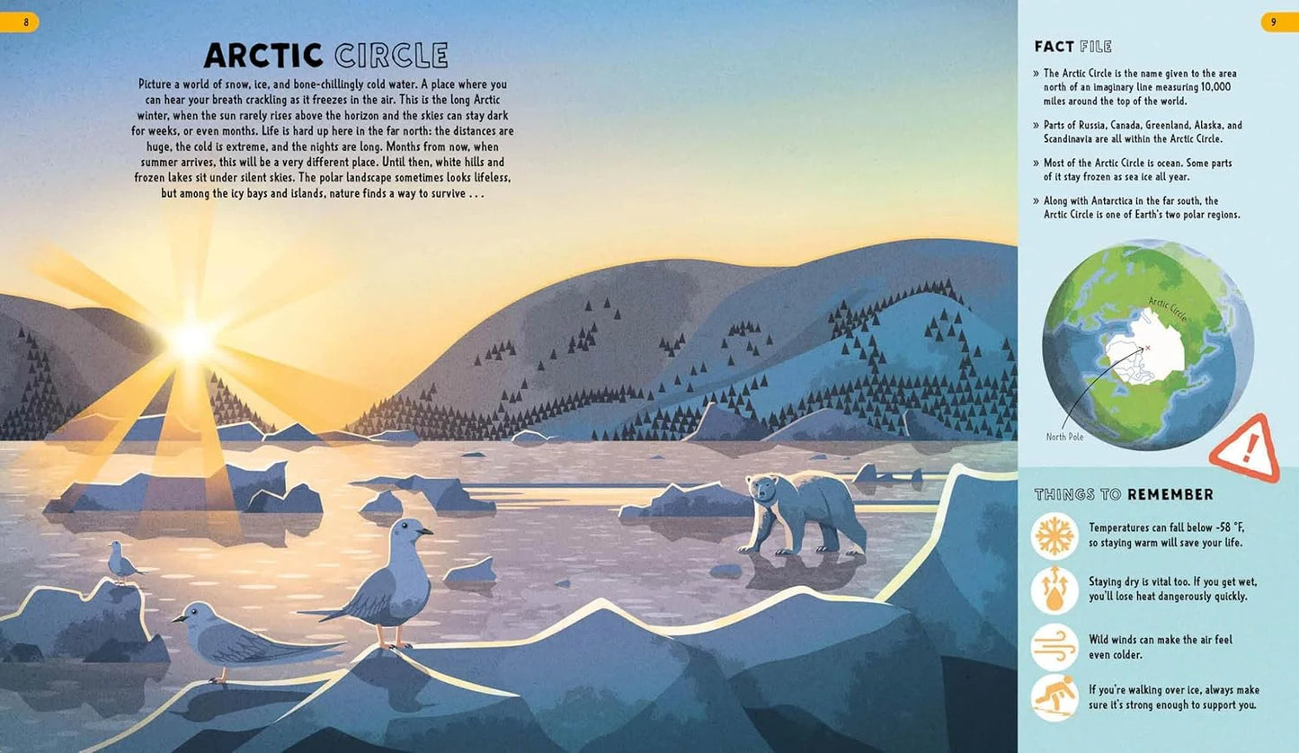 Illustration of Arctic landscape with animals and text on a book page.