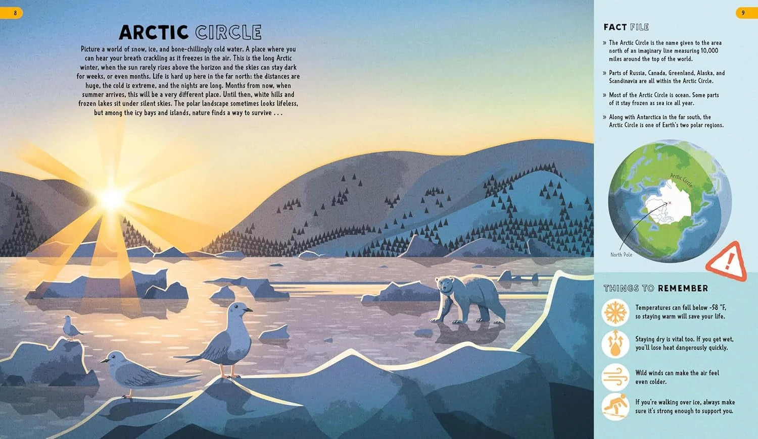Illustration of Arctic landscape with animals and text on a book page.