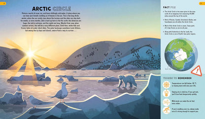Illustration of Arctic landscape with animals and text on a book page.
