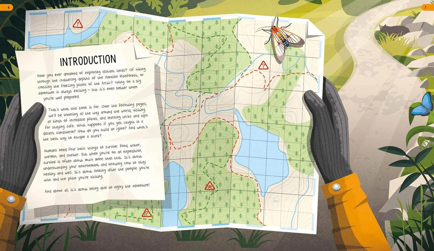 Map and document held by hands with gloves, surrounded by nature elements