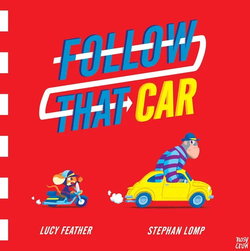Book cover of 'Follow That Car' with a red background, cartoon characters, and text.