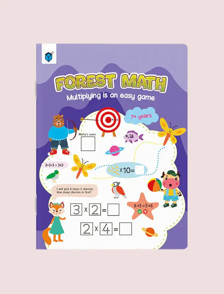 A children's math activity sheet titled 'Forest Math: Multiplying is an easy game' on a light pink background. The sheet has a purple border and a white cloud-shaped center with colorful cartoon forest animals, stars, planets, and multiplication problems.