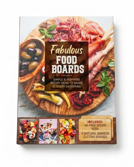 Fabulous Food Boards Kit: Simple and Inspiring Recipe Ideas to Share at Every Gathering – Includes: 48-page Recipe Book, 2 Natural Bamboo Cutting Boards