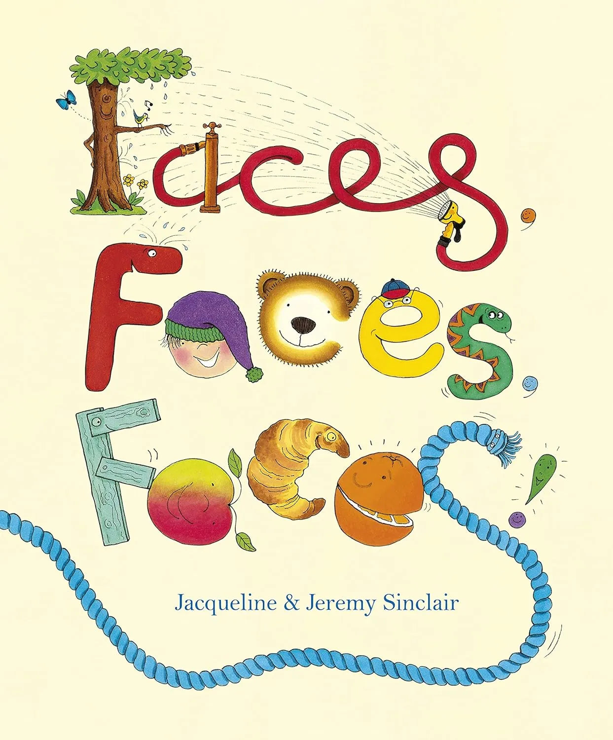 Book cover of 'Faces' by Jacqueline and Jeremy Sinclair with colorful illustrations on a beige background.