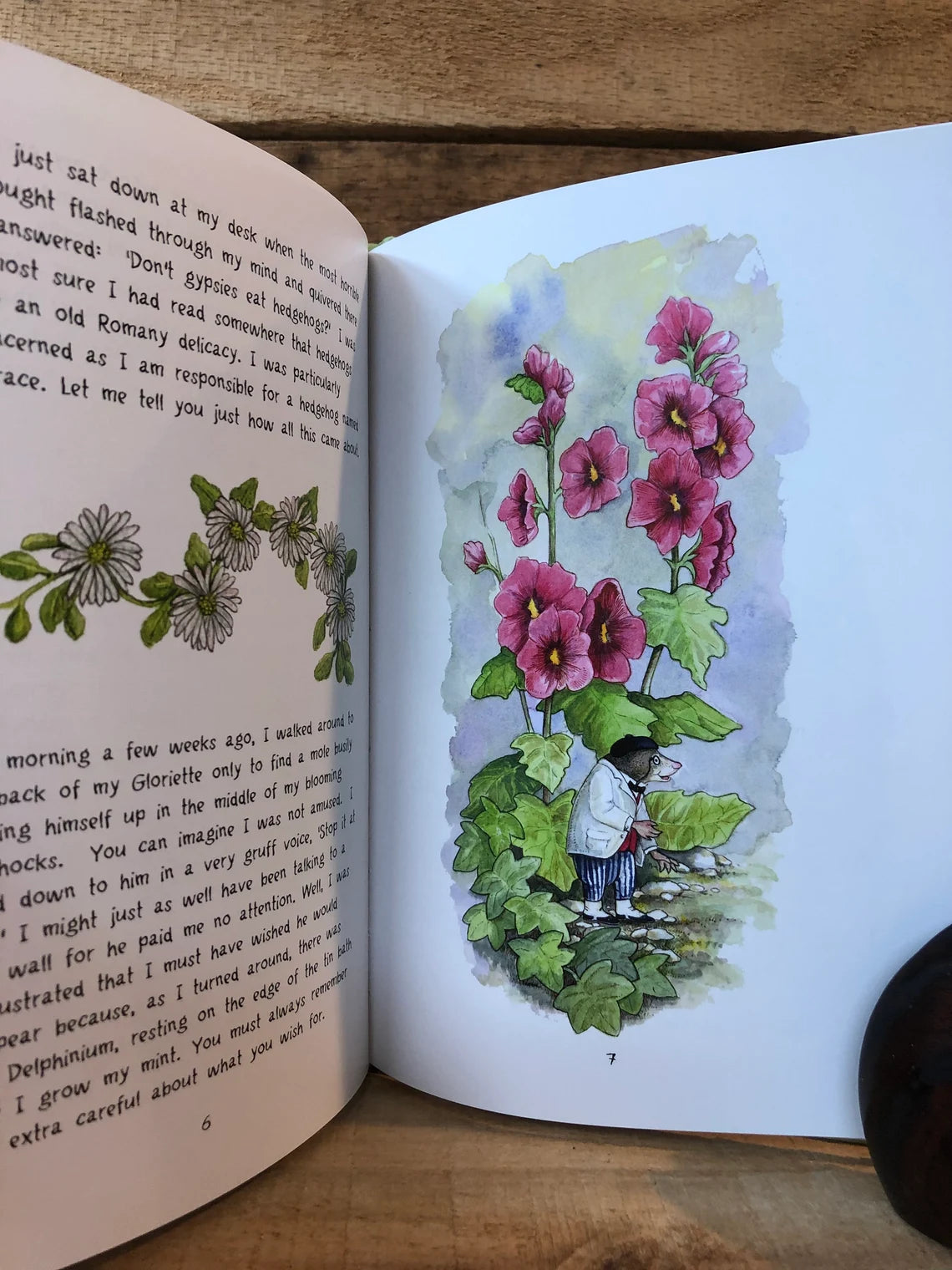 Open book with a colorful illustration of flowers and a person on a wooden surface