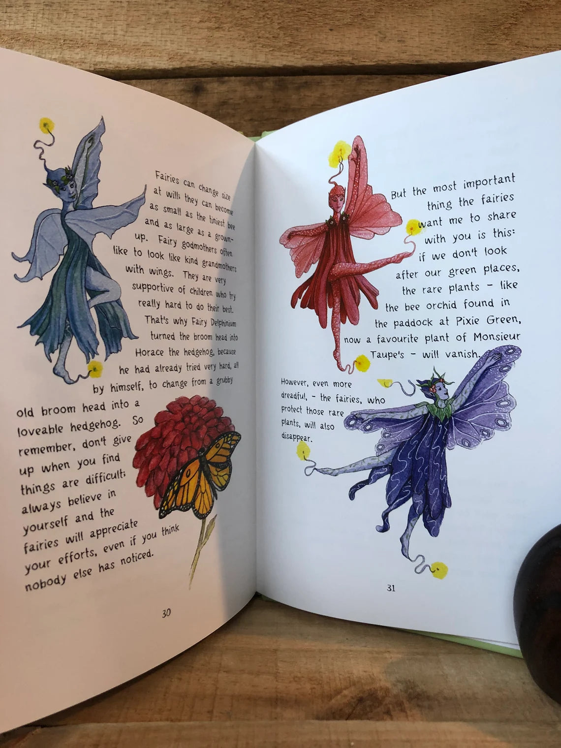 Open book with illustrations of fairies and text on a wooden surface