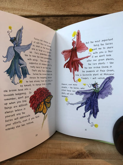 Open book with illustrations of fairies and text on a wooden surface