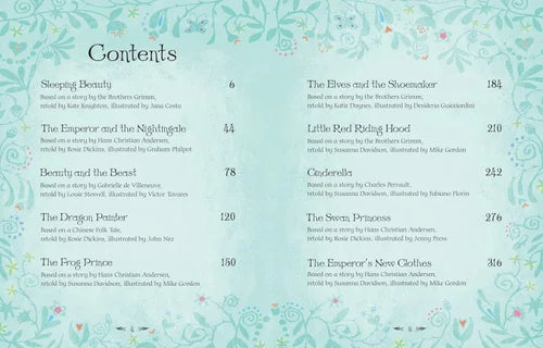 Table of contents for a book with fairy tale titles and page numbers on a decorative background.