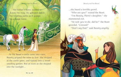 Illustrated book page from 'Beauty and the Beast' with characters and text.