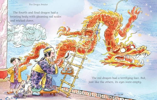 Illustration of a red dragon with a ladder and two people, from a children's book.