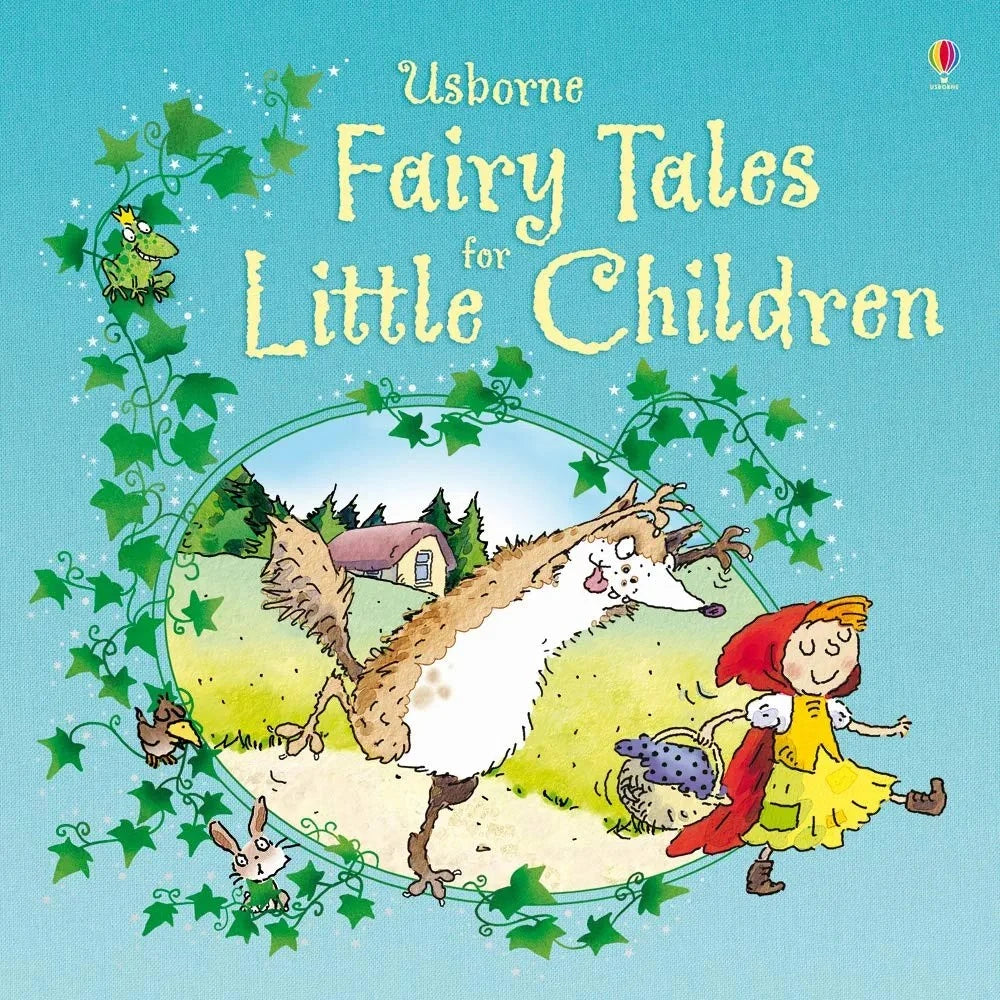 Book cover of 'Fairy Tales for Little Children' with illustrations of a wolf, red-haired girl, and other characters.