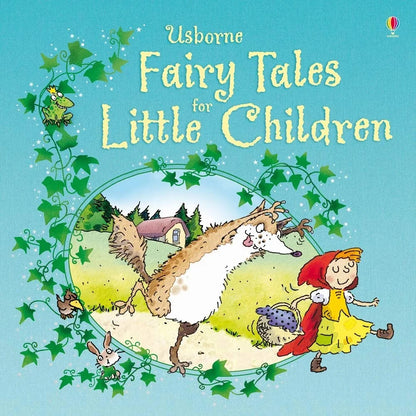 Book cover of 'Fairy Tales for Little Children' with illustrations of a wolf, red-haired girl, and other characters.
