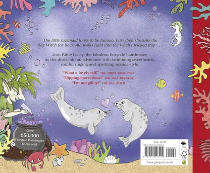 Illustrated book back cover with mermaid, seals, and underwater scene