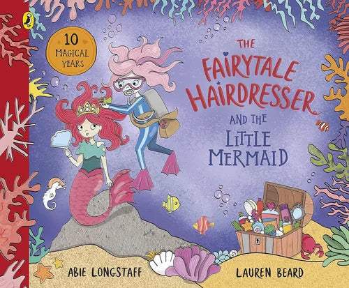 Book cover of 'The Fairytale Hairdresser and the Little Mermaid' with mermaid and skeleton characters underwater.