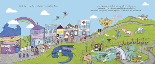 Illustrated children's book page with a colorful town scene, rainbow, and various characters.