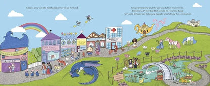 Illustrated children's book page with a colorful town scene, rainbow, and various characters.