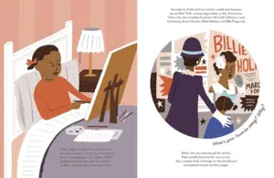 Illustrated book page with a girl at a desk and a circular inset of a woman holding a child.