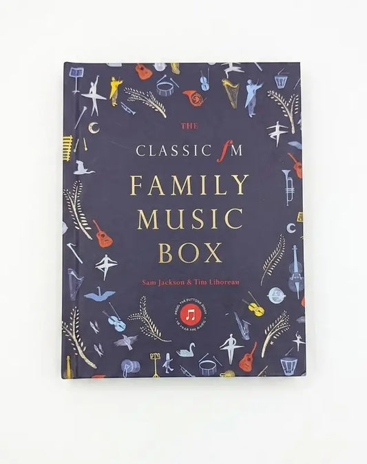 The Classic FM Family Music Box book by Sam Jackson and Tim Liberlan, featuring a dark navy cover decorated with colorful musical instrument illustrations and gold lettering, set against a plain white background.