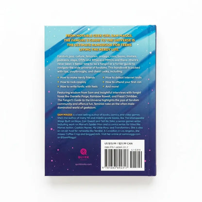 The back cover of the book 'The Fangirly Guide to the Universe' by San Maggo, featuring a dark purple and blue cosmic design with white text, a synopsis, and a barcode.