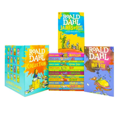Collection of Roald Dahl books with colorful covers on a white background