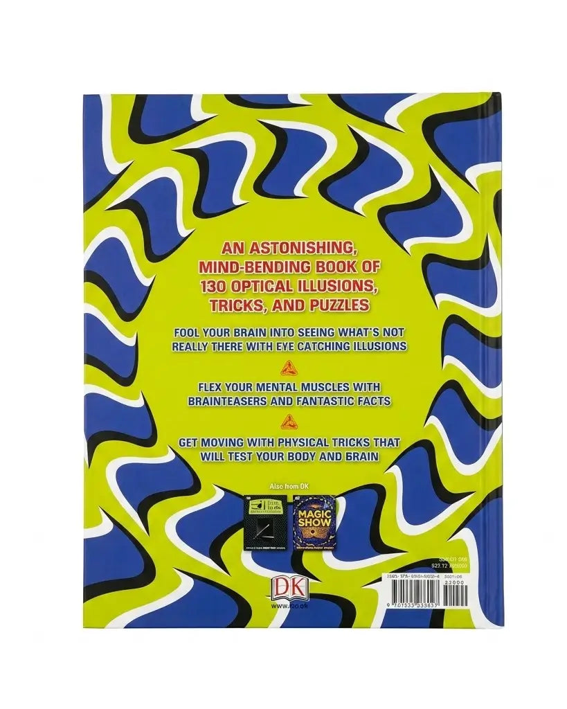 The back cover of the book 'An Astonishing Mind-Bending Book of 130 Optical Illusions, Tricks, and Puzzles' by DK, featuring a vibrant abstract wavy pattern in yellow, blue, and black with pink text.