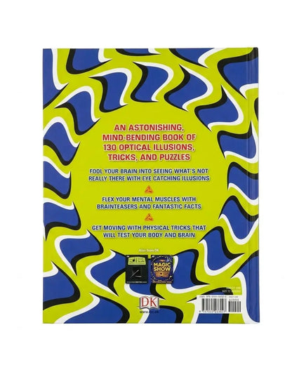 The back cover of the book 'An Astonishing Mind-Bending Book of 130 Optical Illusions, Tricks, and Puzzles' by DK, featuring a vibrant abstract wavy pattern in yellow, blue, and black with pink text.