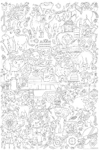 Coloring page with various farm animals and objects.