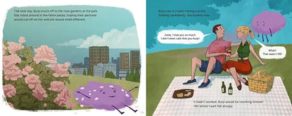 Illustrated book page with a couple sitting on a picnic blanket in a park, surrounded by flowers and buildings.