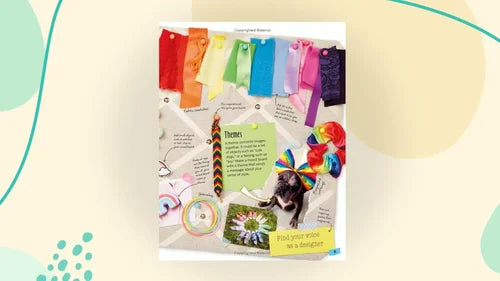 Product packaging with colorful flags and a dog illustration on a light background