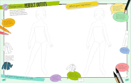 Designing outfits with paper dolls and clothing outlines on a white background