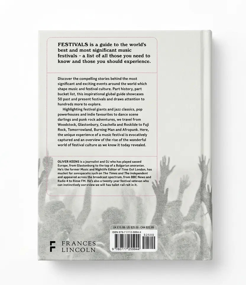The back cover of the book 'Festivals' by Frances Lincoln, featuring a light gray and white abstract pattern background with black text and a barcode.