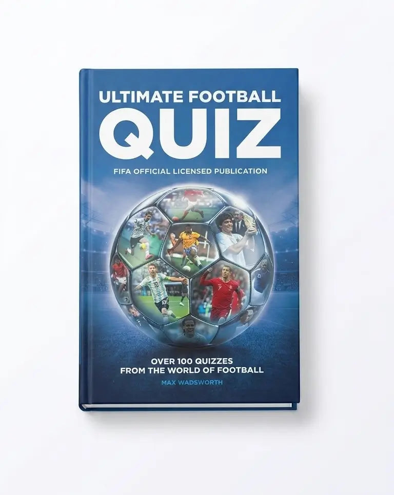 A hardcover book titled "ULTIMATE FOOTBALL QUIZ" with a blue cover, featuring a large soccer ball collage in the center and text that says "FIFA OFFICIAL LICENSED PUBLICATION" and "OVER 100 QUIZZES FROM THE WORLD OF FOOTBALL.".