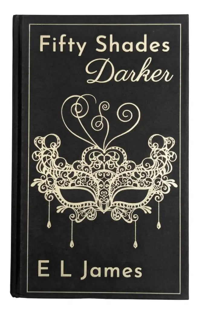 Book cover of 'Fifty Shades Darker' with a decorative mask design on a black background.