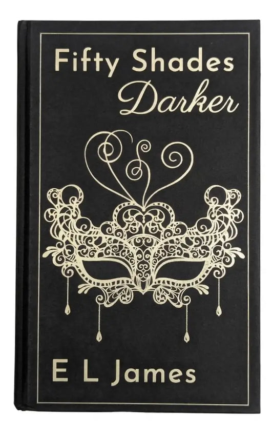 Book cover of 'Fifty Shades Darker' with a decorative mask design on a black background.