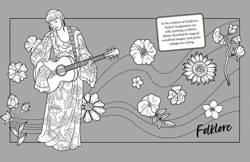 Illustration of a woman playing guitar with floral elements and text on a gray background