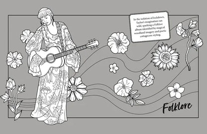 Illustration of a woman playing guitar with floral elements and text on a gray background