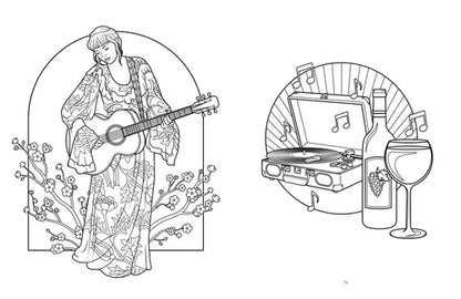 Illustration of a woman playing guitar with a record player and wine glass on a white background